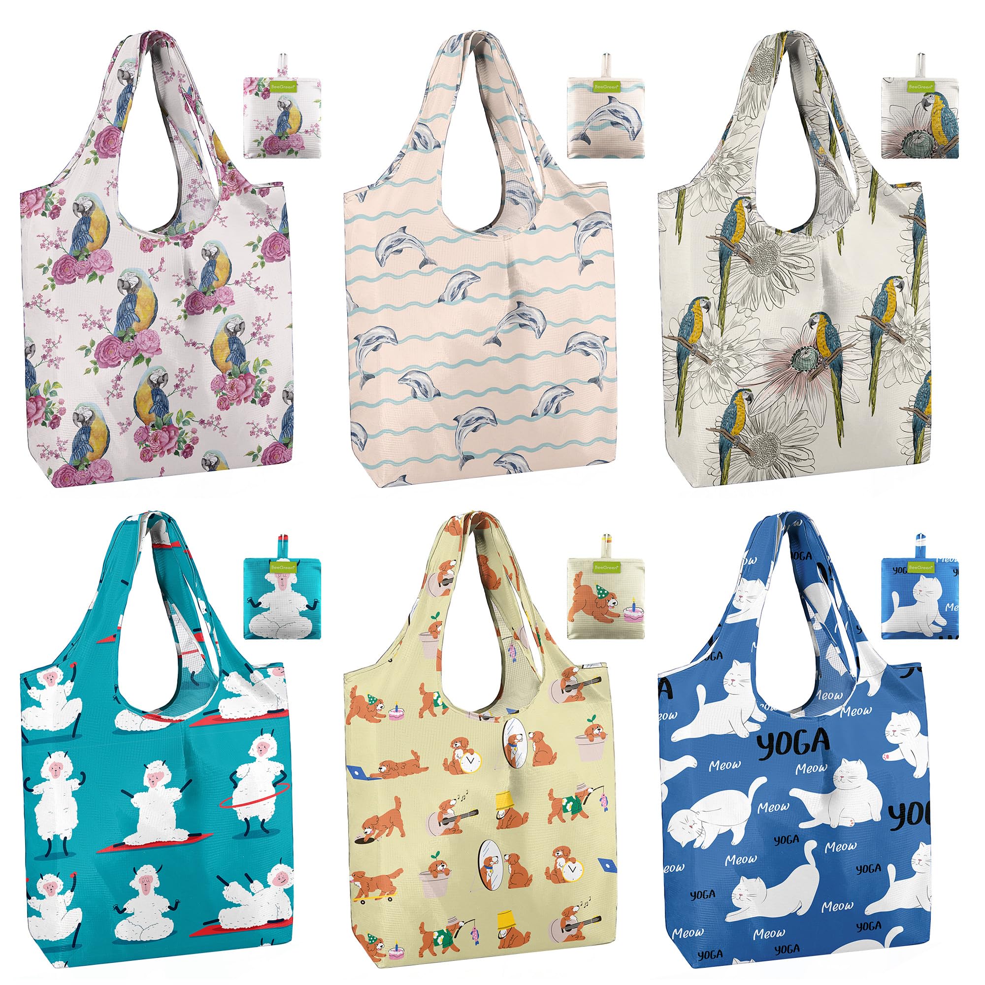 BeeGreen Christmas Reusable Gift Bags,6 Pack Large Holiday Tote Foldable Cloth Bag for Women, Cute Grocery Storage for Xmas Gifts Market Shopping, Washable Collapsible Reusable Bags with Handles